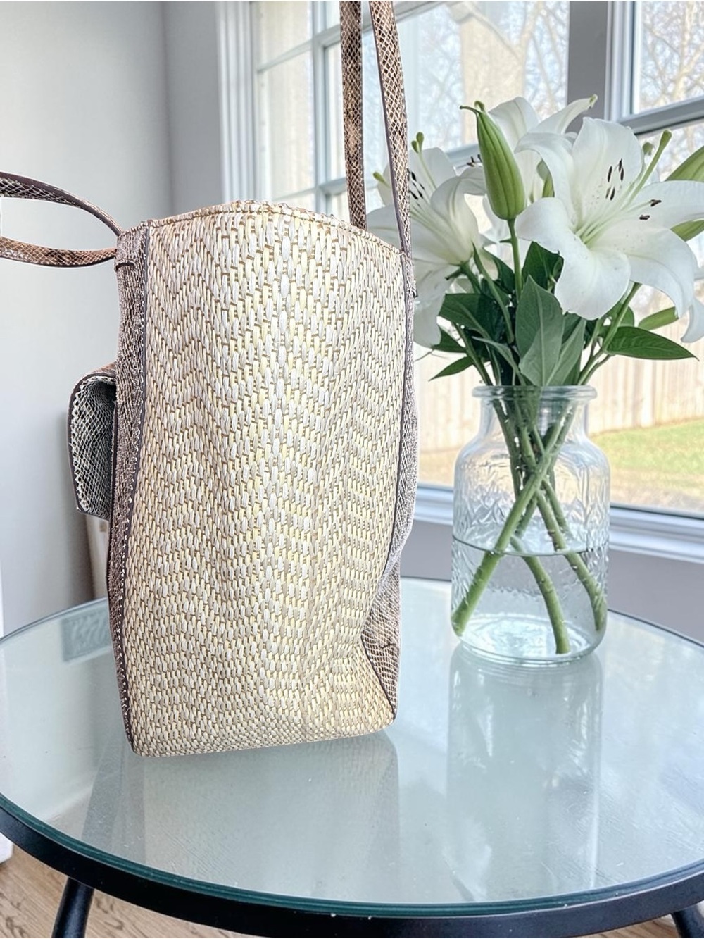 Tory Burch NWOT 797 Snake Skin and Raffia Open Tote - Picture 9 of 14